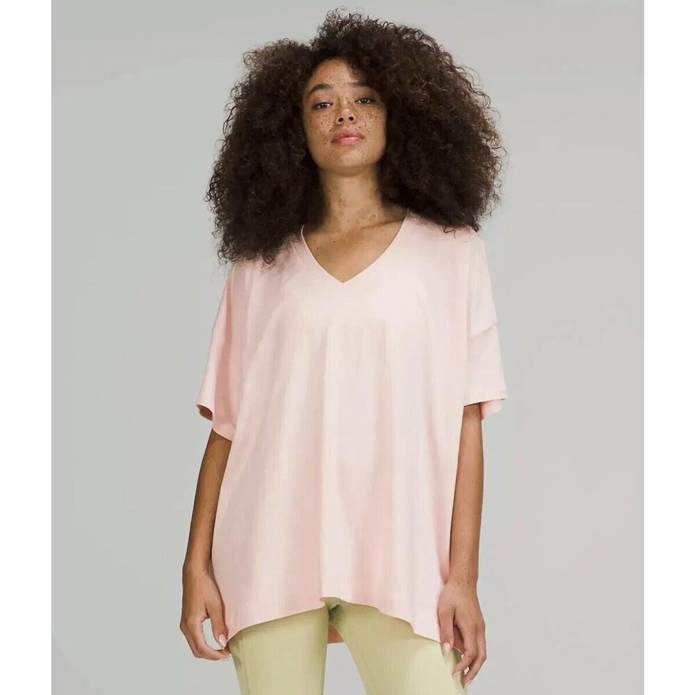 Lululemon Womens Side Tie V-Neck Tee Sz 10 Pink Pima Cotton Blend Short Sleeves
